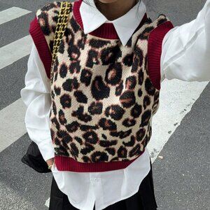 Multicolor Casual Women's Leopard Print Knit Sweater Vest